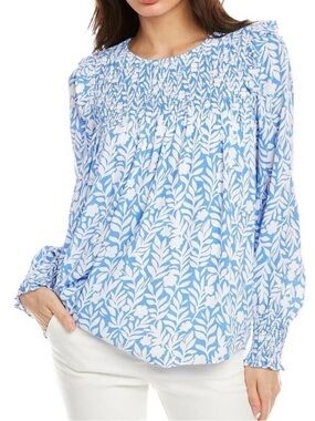 Sail to Sable Blue White Floral Smocked Top Size Medium
